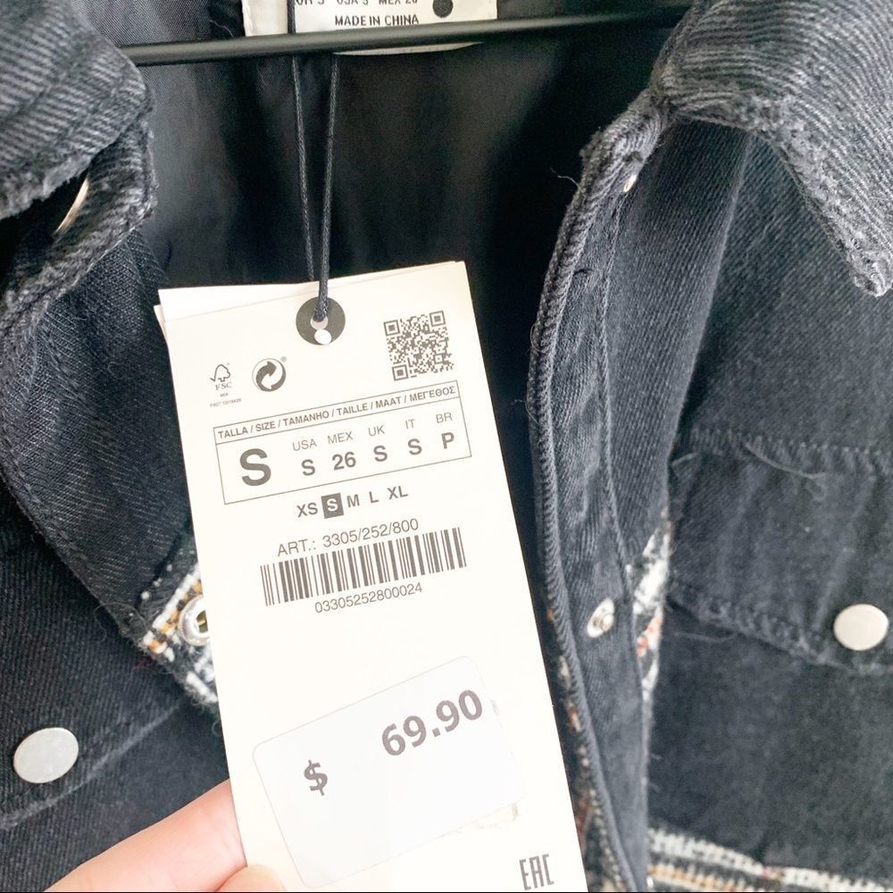 Zara Denim Oversized Jacket Fray Hem Snap Front Plaid Black Size S - Picture 8 of 9